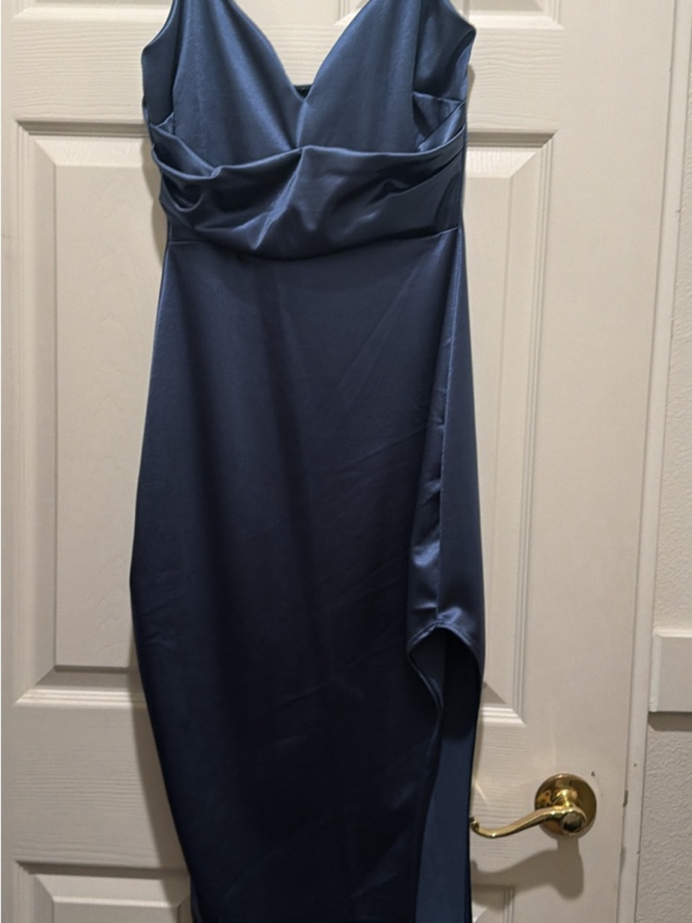 One-Shoulder Navy Satin Evening Dress
